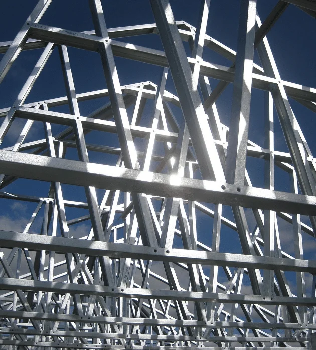 Close-up of galvanized steel roof trusses for Indiana barndo