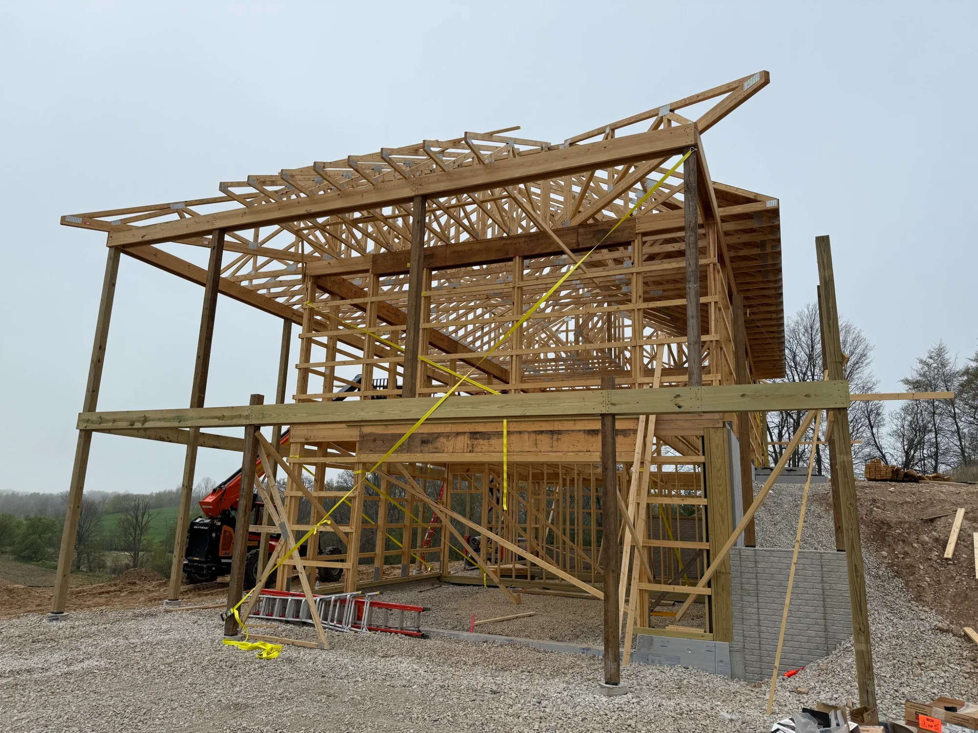 Two-story wood frame barndo with trusses in Indiana